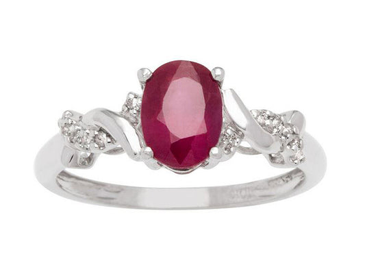 10k White Gold Oval Ruby and Braided Diamond Accent Ring