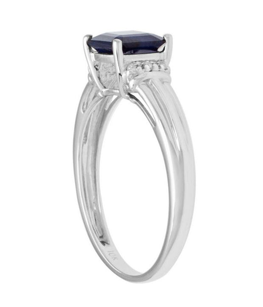 10k White Gold Square Sapphire and Diamond  Accent Ring