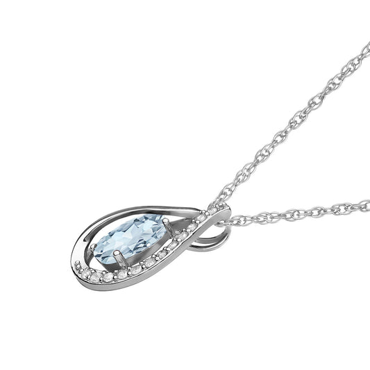 10k White Gold Genuine Oval Aquamarine and Diamond Halo Drop Pendant Necklace