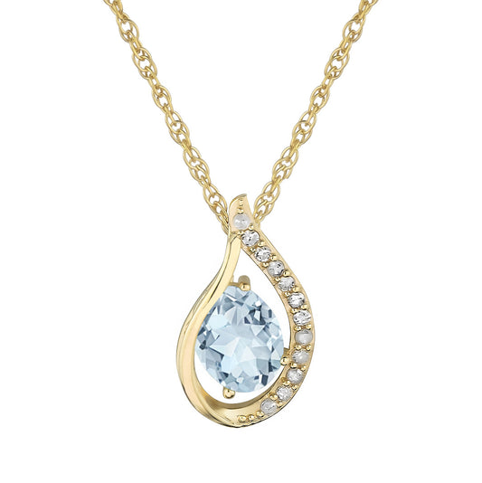 10k Yellow Gold Genuine Oval Aquamarine and Diamond Halo Drop Pendant Necklace