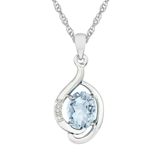 10k White Gold Genuine Oval Aquamarine and Diamond Pendant Necklace