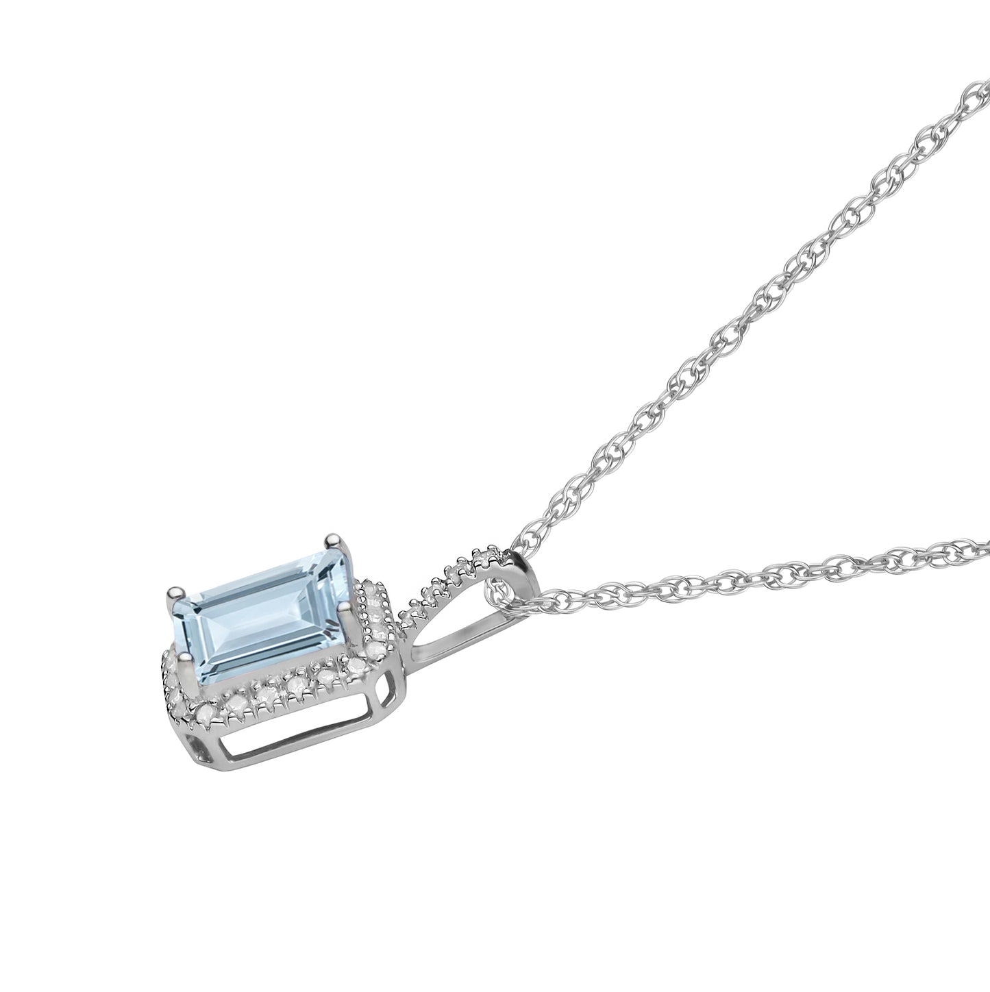 10k White Gold Emerald-Cut Aquamarine and Diamond Halo Pendant Necklace