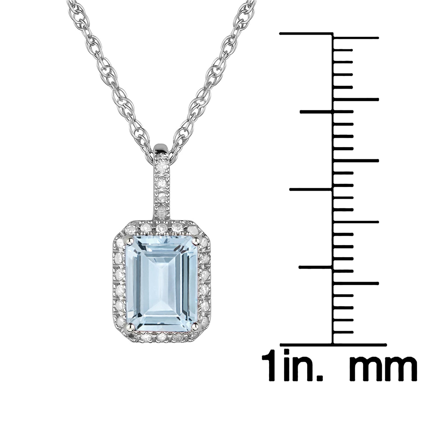 10k White Gold Emerald-Cut Aquamarine and Diamond Halo Pendant Necklace