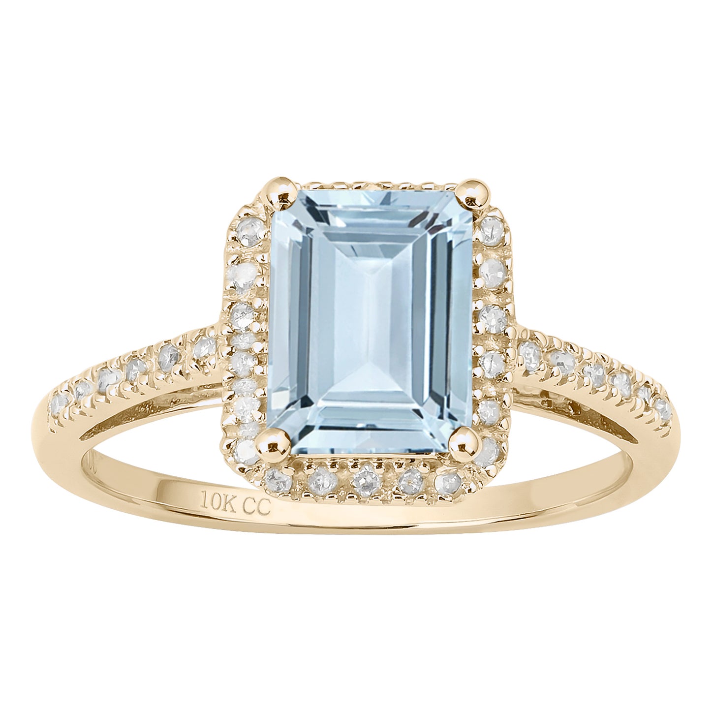 10k Yellow Gold Emerald-Cut Aquamarine and Diamond Halo Ring