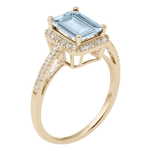 10k Yellow Gold Emerald-Cut Aquamarine and Diamond Halo Ring