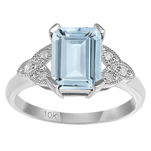10k White Gold Vintage Style Genuine Emerald-Cut Aquamarine and Diamond Ring