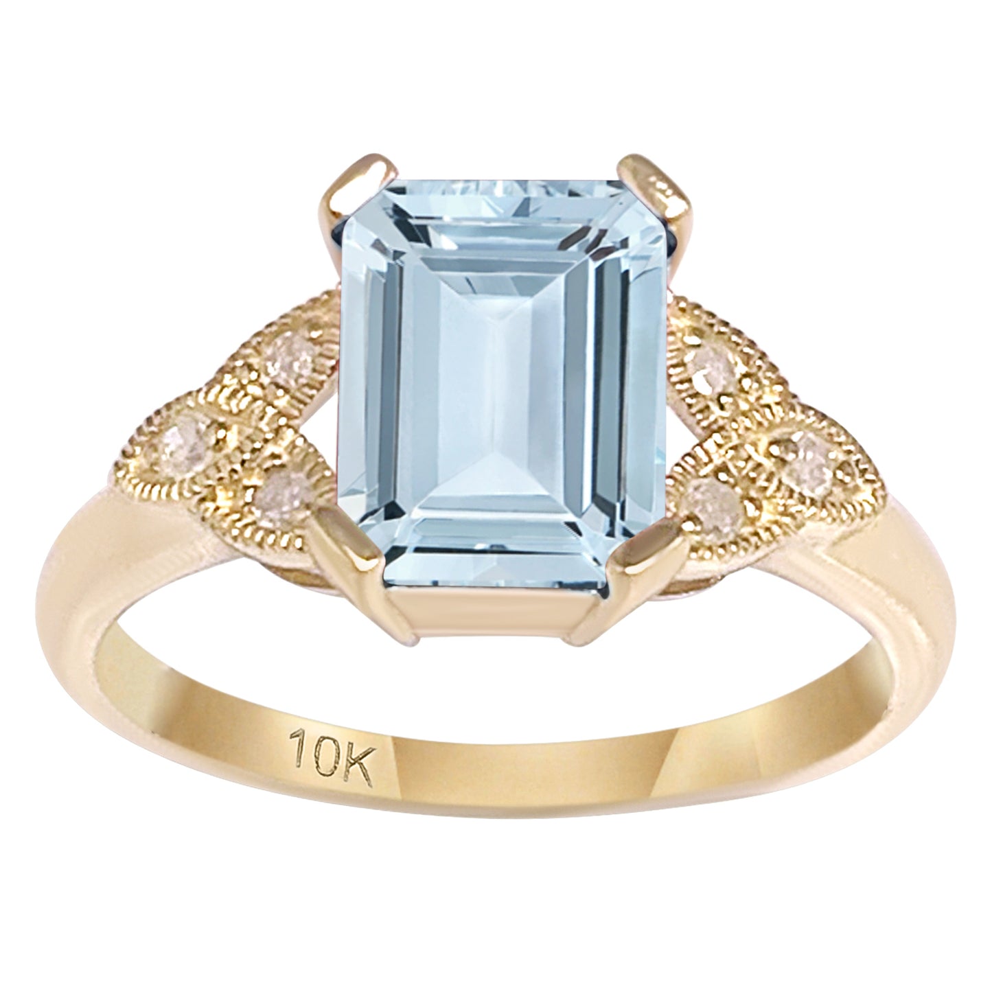 10k Yellow Gold Vintage Style Genuine Emerald-Cut Aquamarine and Diamond Ring