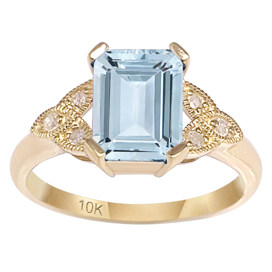 10k Yellow Gold Vintage Style Genuine Emerald-Cut Aquamarine and Diamond Ring