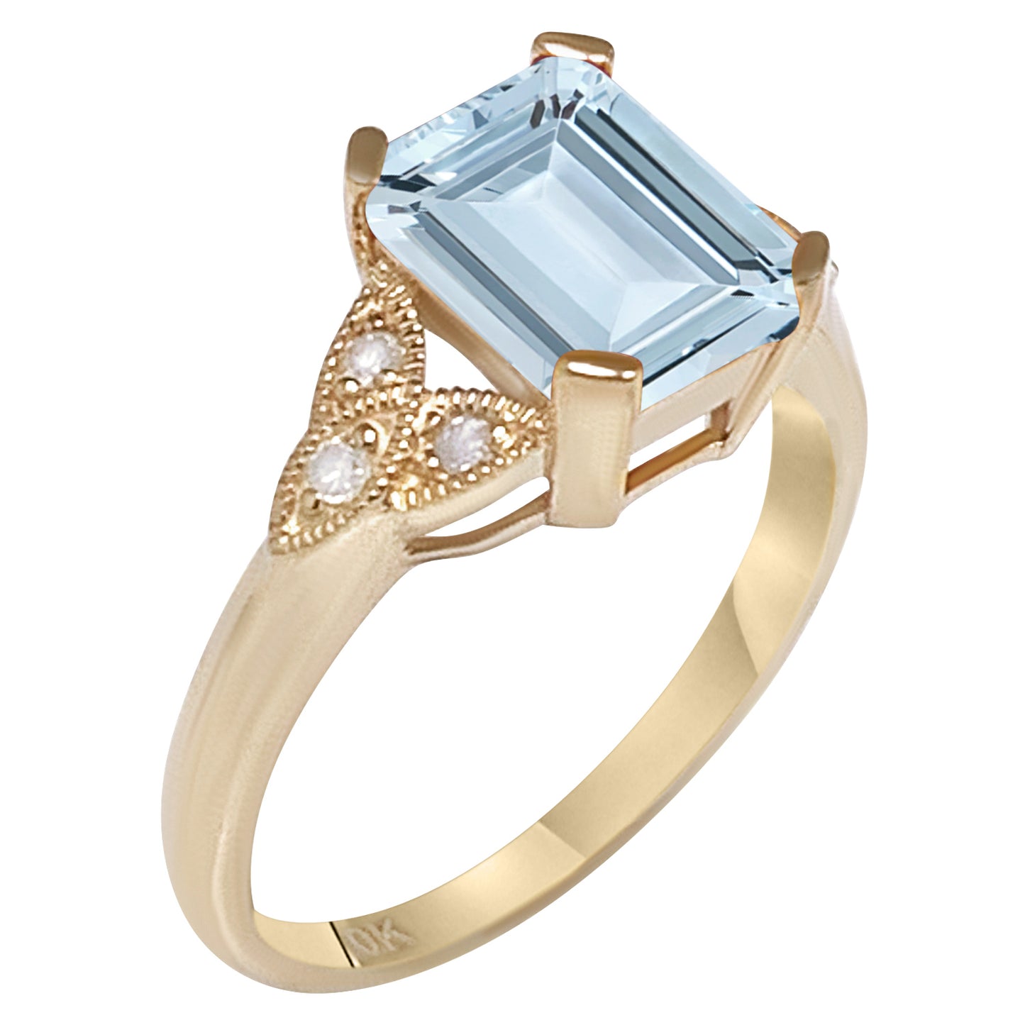 10k Yellow Gold Vintage Style Genuine Emerald-Cut Aquamarine and Diamond Ring
