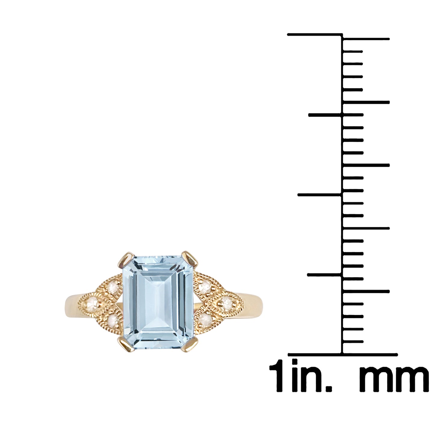 10k Yellow Gold Vintage Style Genuine Emerald-Cut Aquamarine and Diamond Ring
