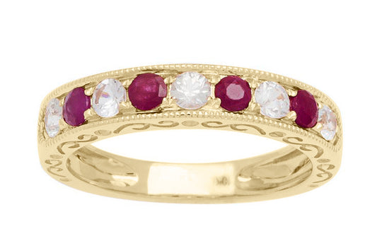 10k Yellow Gold Ruby and White Sapphire Vintage Style Anniversary Wedding Band