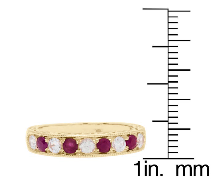 10k Yellow Gold Ruby and White Sapphire Vintage Style Anniversary Wedding Band