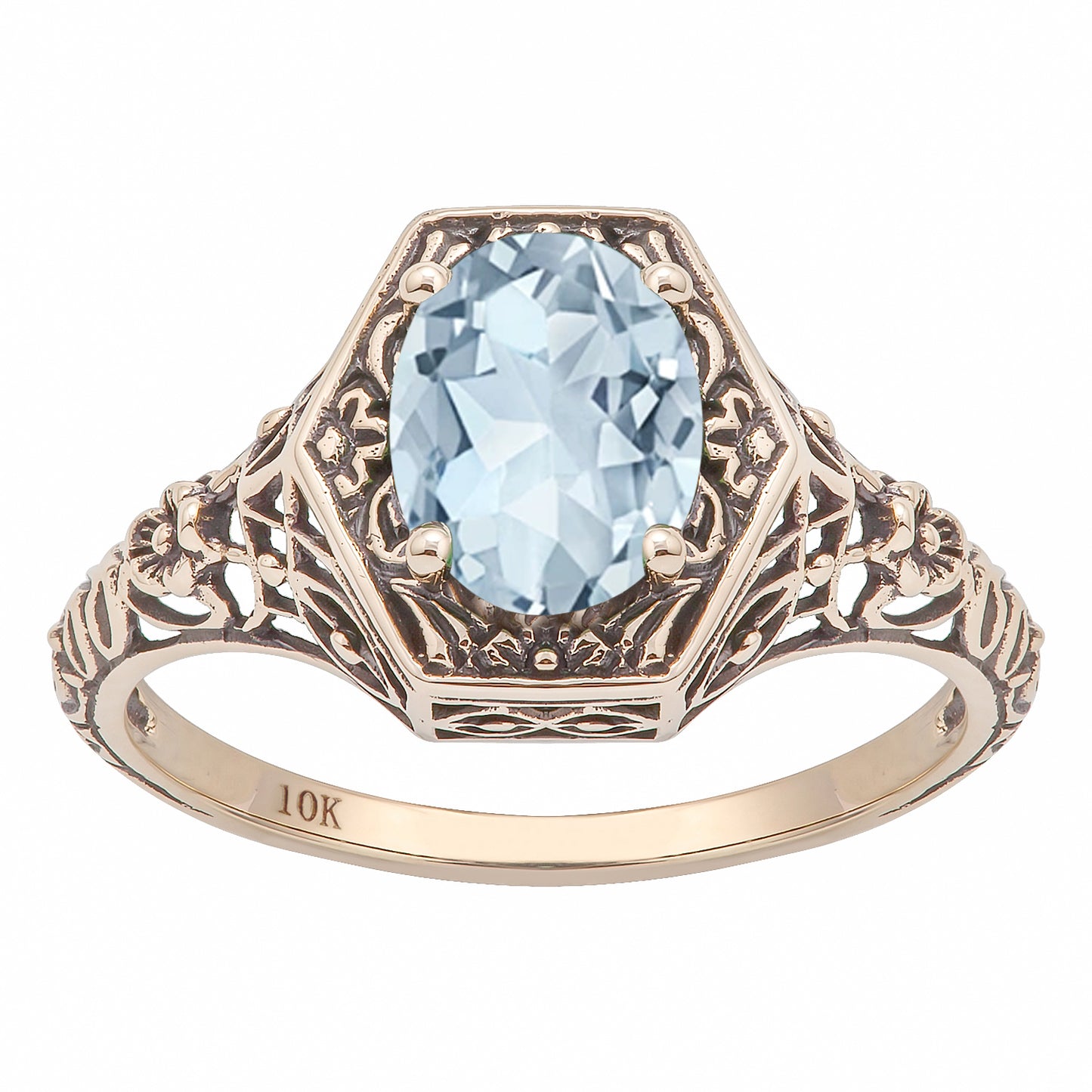 10k Yellow Gold Vintage Style Genuine Oval Aquamarine Filigree Ring