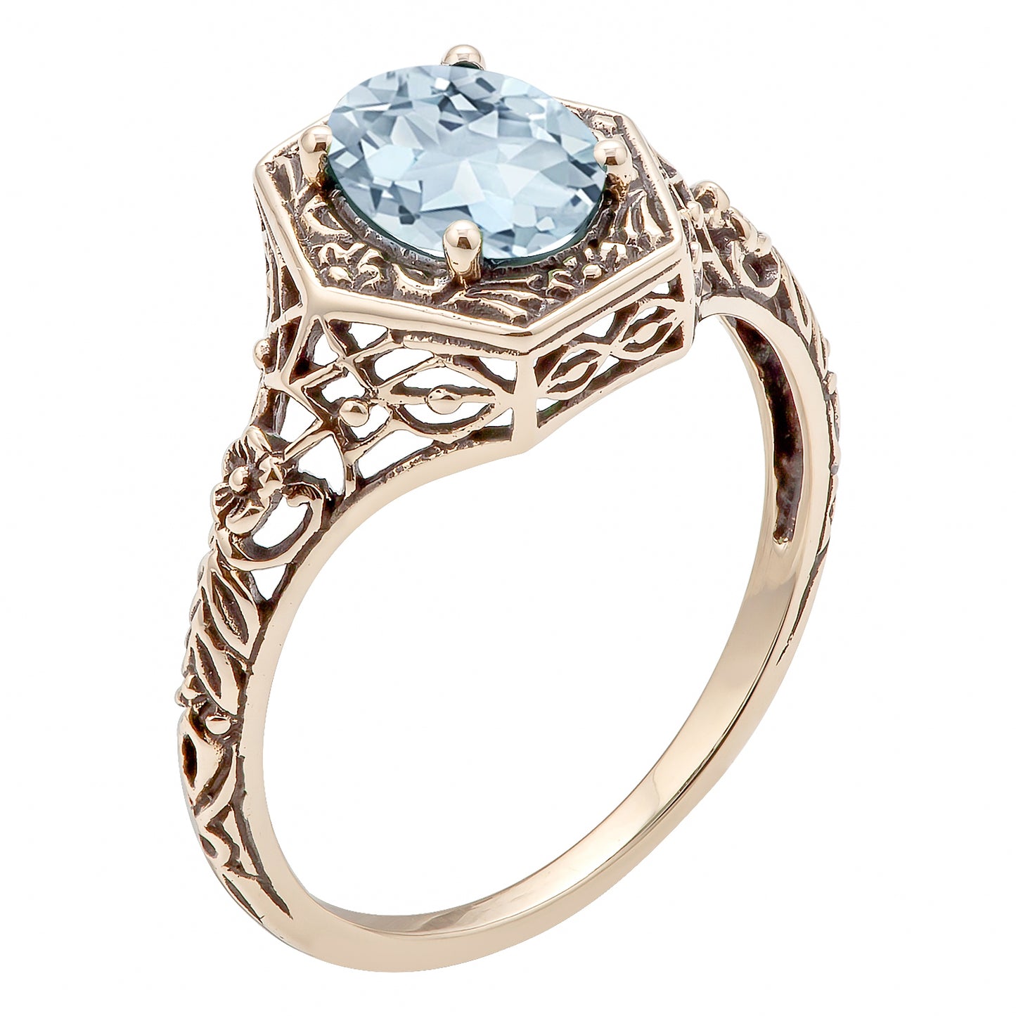 10k Yellow Gold Vintage Style Genuine Oval Aquamarine Filigree Ring