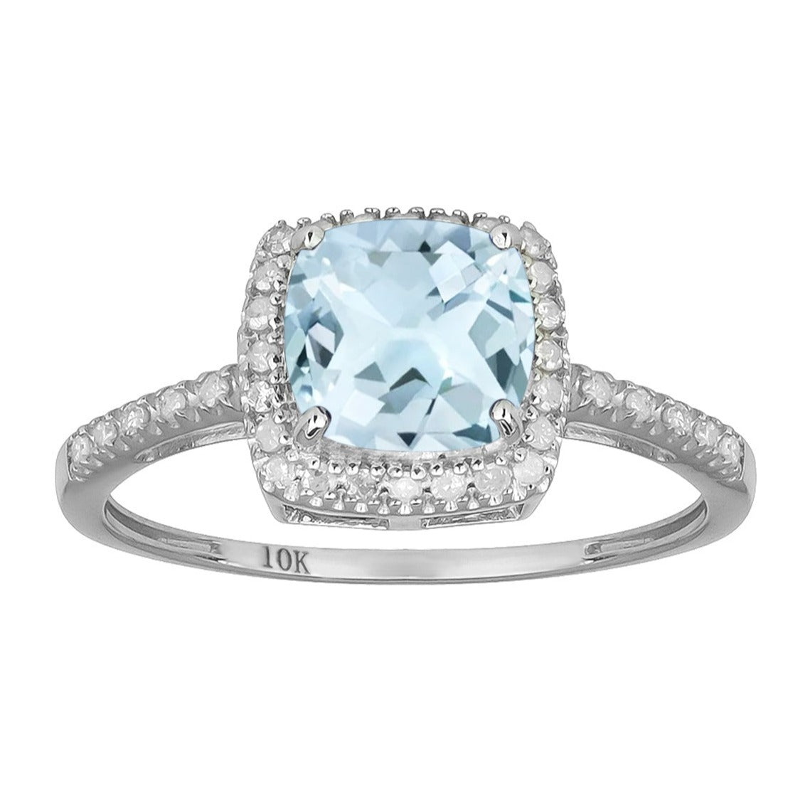 10k White Gold Genuine Cushion-cut 1.50ct Aquamarine and Diamond Halo Ring