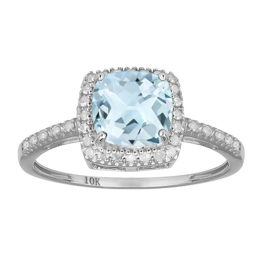 10k White Gold Genuine Cushion-cut 1.50ct Aquamarine and Diamond Halo Ring