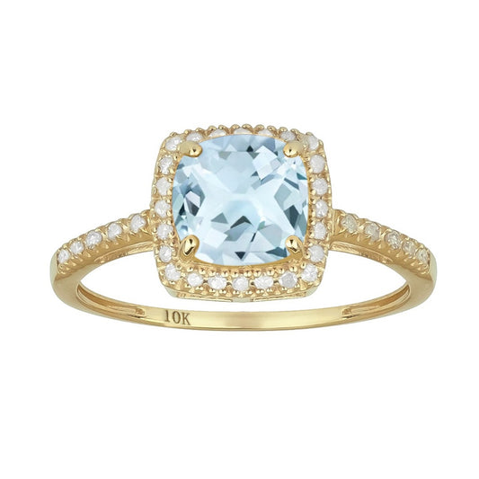 10k Yellow Gold Genuine Cushion-cut 1.50ct Aquamarine and Diamond Halo Ring