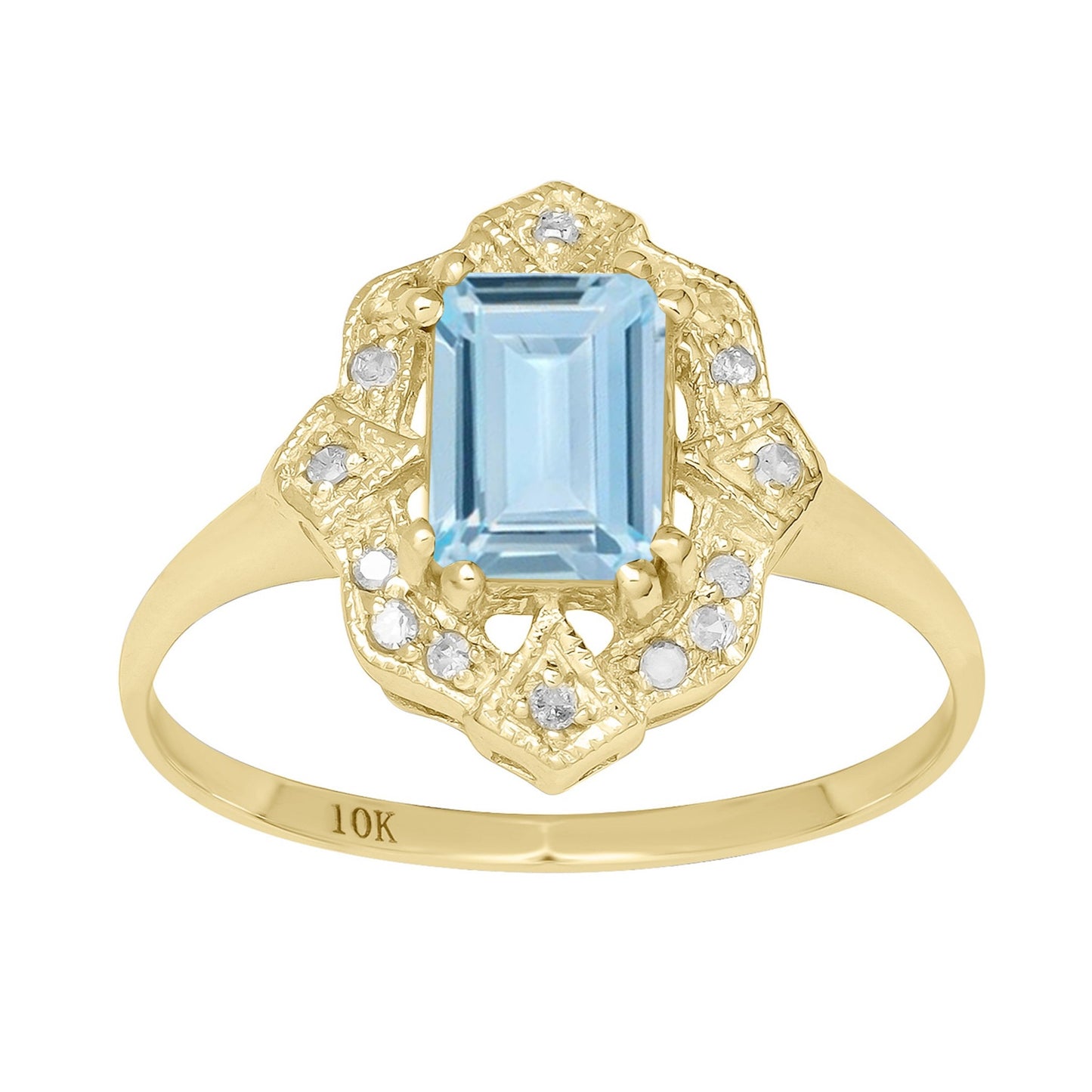 10k Yellow Gold Vintage Style Genuine Emerald-Cut Aquamarine and Diamond Accent Ring