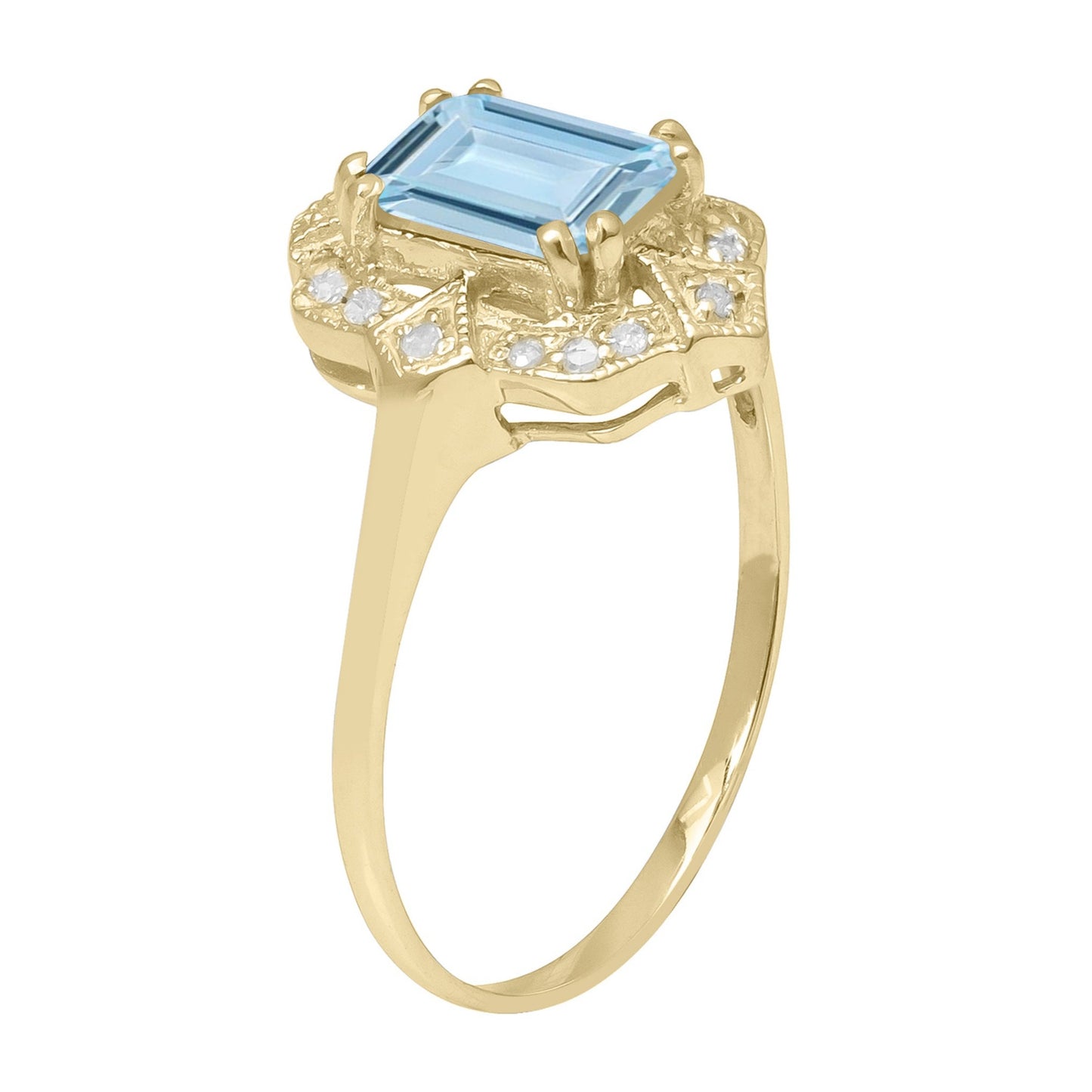 10k Yellow Gold Vintage Style Genuine Emerald-Cut Aquamarine and Diamond Accent Ring