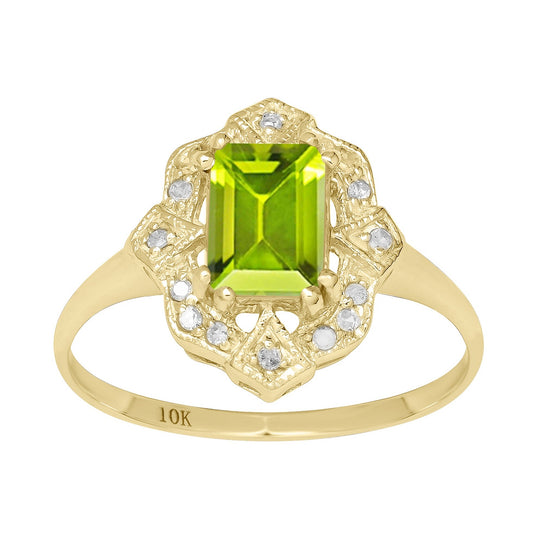 10k Yellow Gold Vintage Style Genuine Emerald-Cut Peridot and Diamond Accent Ring