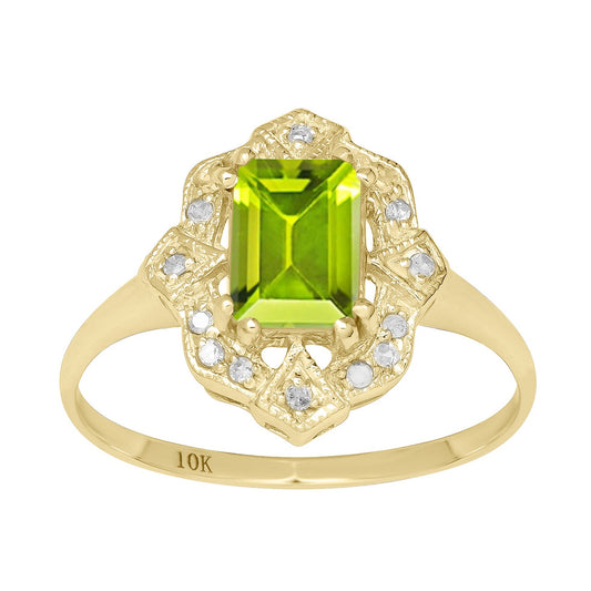 10k Yellow Gold Vintage Style Genuine Emerald-Cut Peridot and Diamond Accent Ring