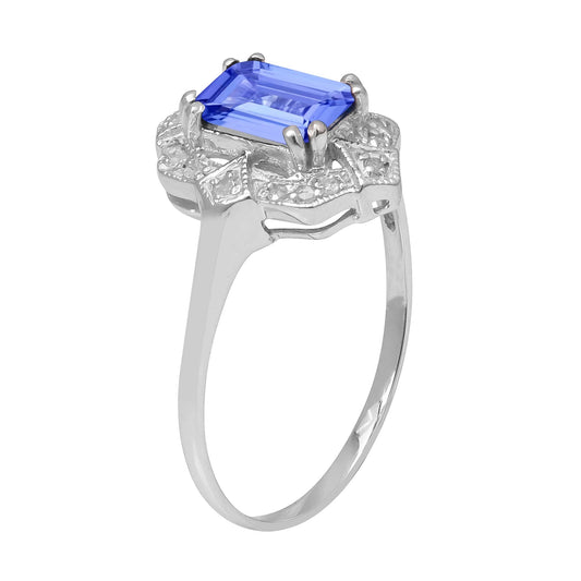 10k White Gold Vintage Style Genuine Emerald-Cut Tanzanite and Diamond Accent Ring