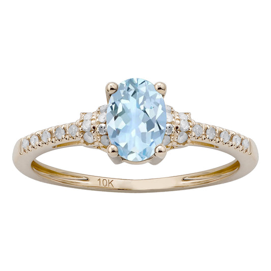 10k Yellow Gold Oval Aquamarine and Diamond Ring