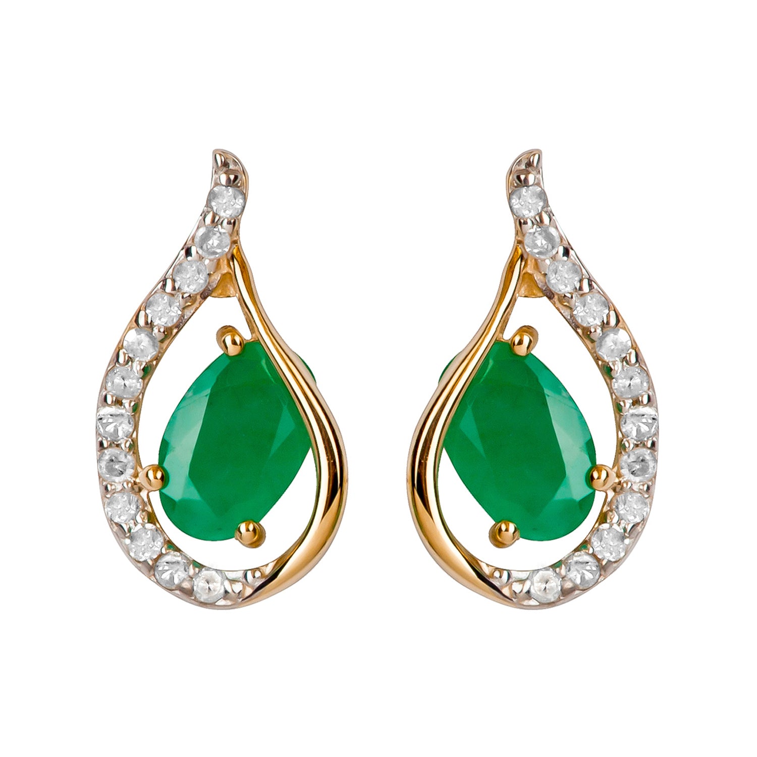 10k Yellow Gold Genuine Oval Emerald and Diamond Curved Halo Drop Earrings