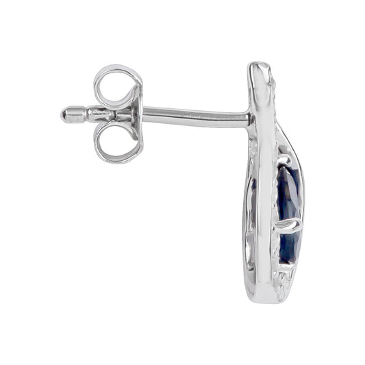 10k White Gold Genuine Oval Sapphire and Diamond Curved Halo Drop Earrings