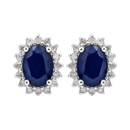 10k White Gold Oval Genuine Sapphire and Diamond Halo Earrings