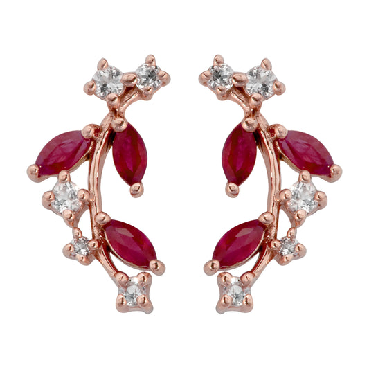 10k Rose Gold Genuine Ruby and White Topaz Crescent Earrings