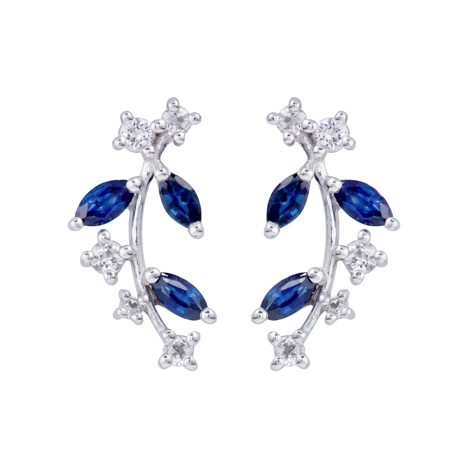 10k White Gold Genuine Sapphire and White Topaz Crescent Earrings