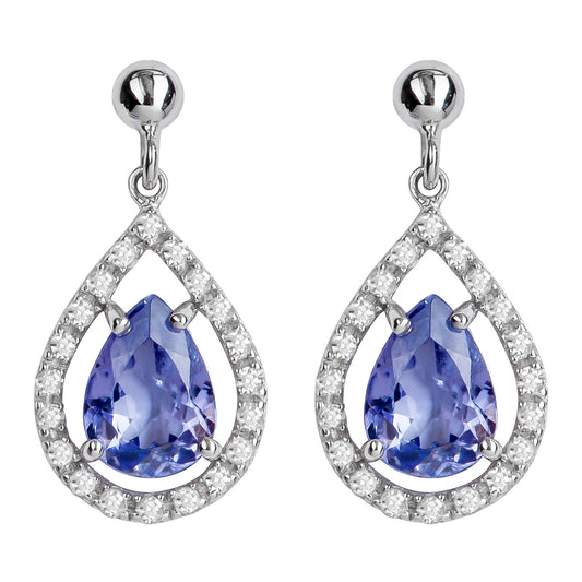 10k White Gold Genuine Pear-Shape Tanzanite and Diamond Halo Dangle Earrings