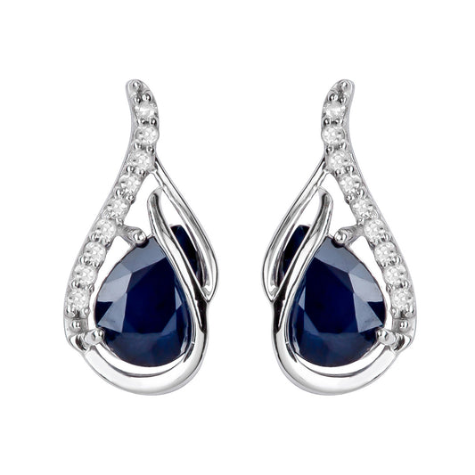 10k White Gold Genuine Pear-Shape Sapphire and Diamond Curved Halo Drop Earrings