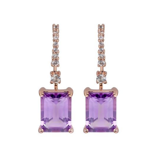 10k Rose Gold Emerald-Cut Amethyst and White Topaz Dangle Earrings