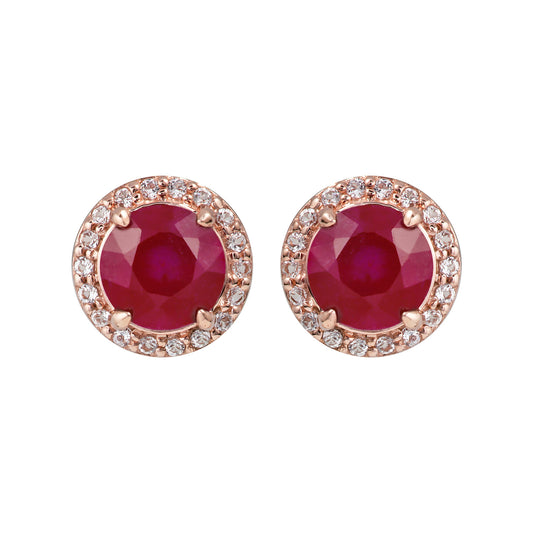 10k Rose Gold Genuine Round Ruby and White Topaz Halo Earrings