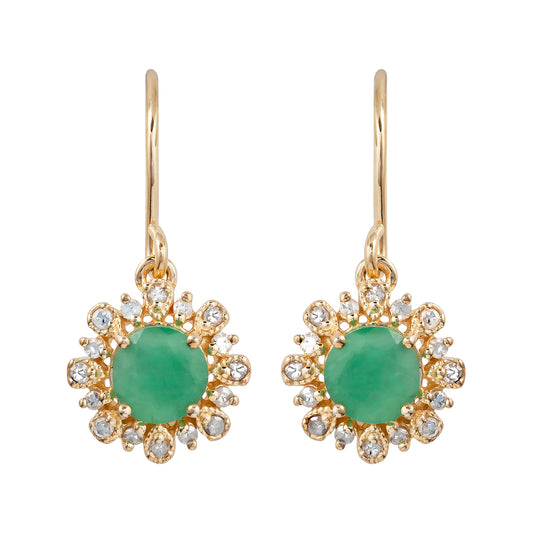 10k Yellow Gold Genuine Round Emerald and Diamond Vintage Style Halo Earrings