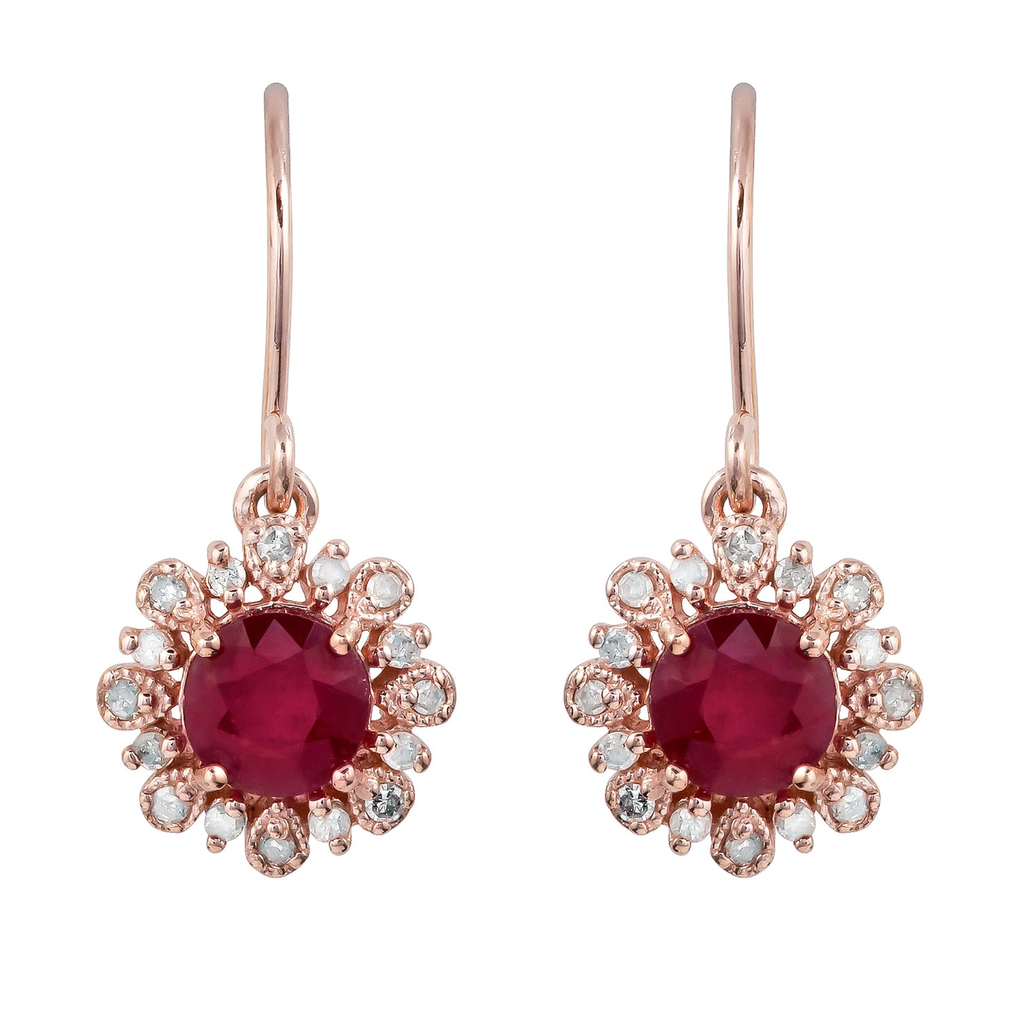 10k Rose Gold Genuine Round Ruby and Diamond Vintage Style Halo Earrings