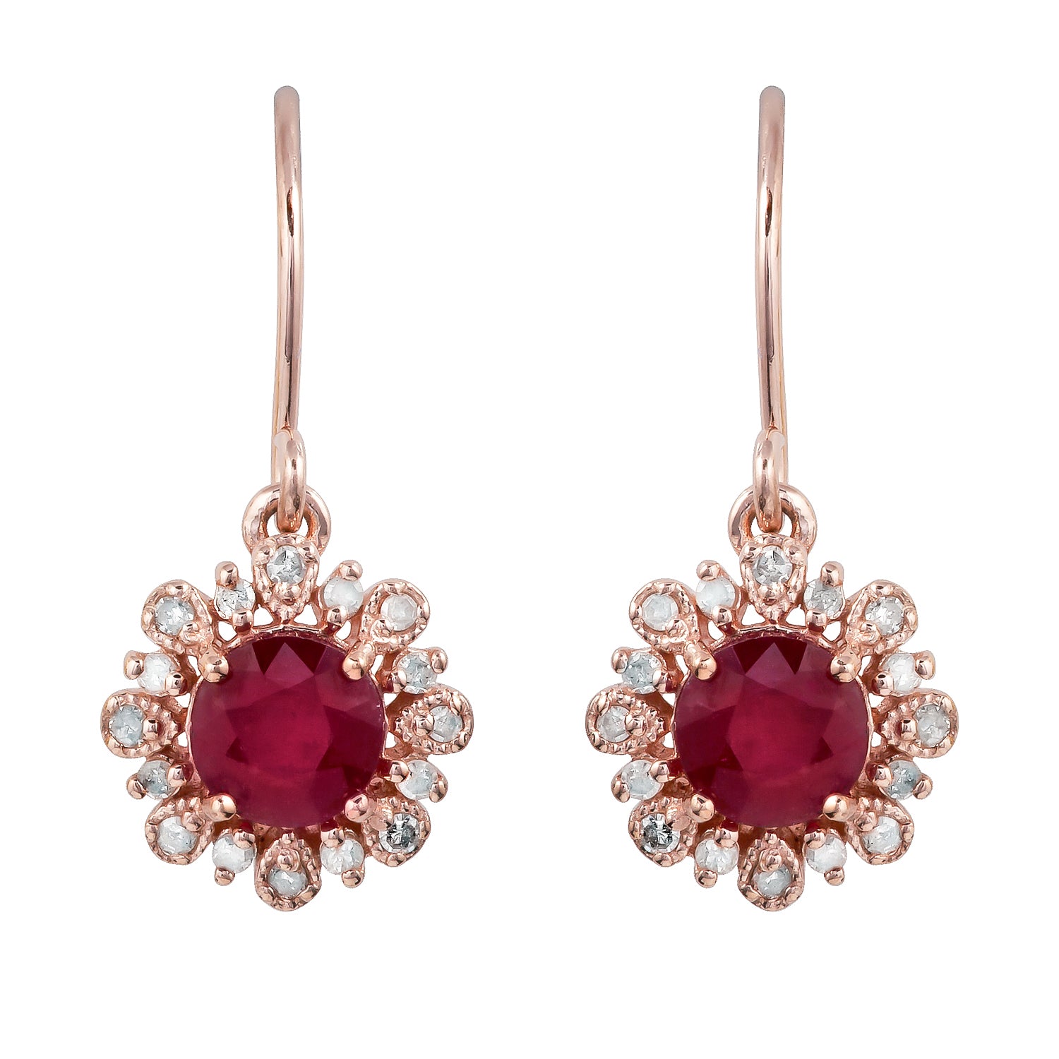 10k Rose Gold Genuine Round Ruby and Diamond Vintage Style Halo Earrings