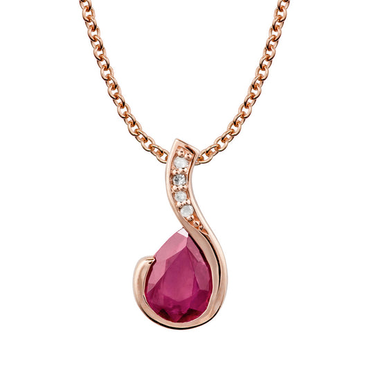 10k Rose Gold Genuine Pear Shape Ruby and Diamond Drop Pendant Necklace