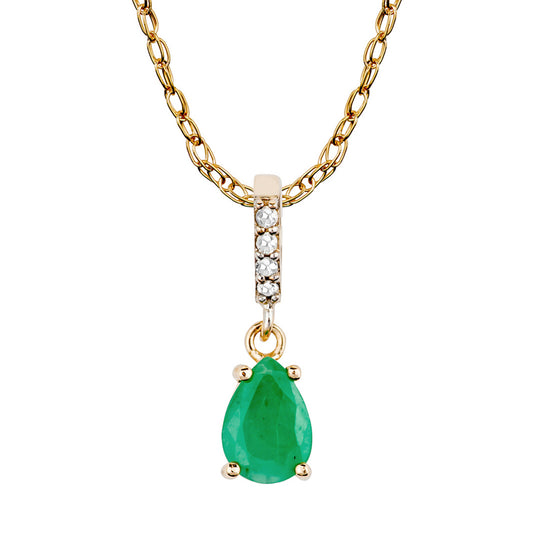 10k Yellow Gold Genuine Pear Shape Emerald and Diamond Drop Pendant Necklace