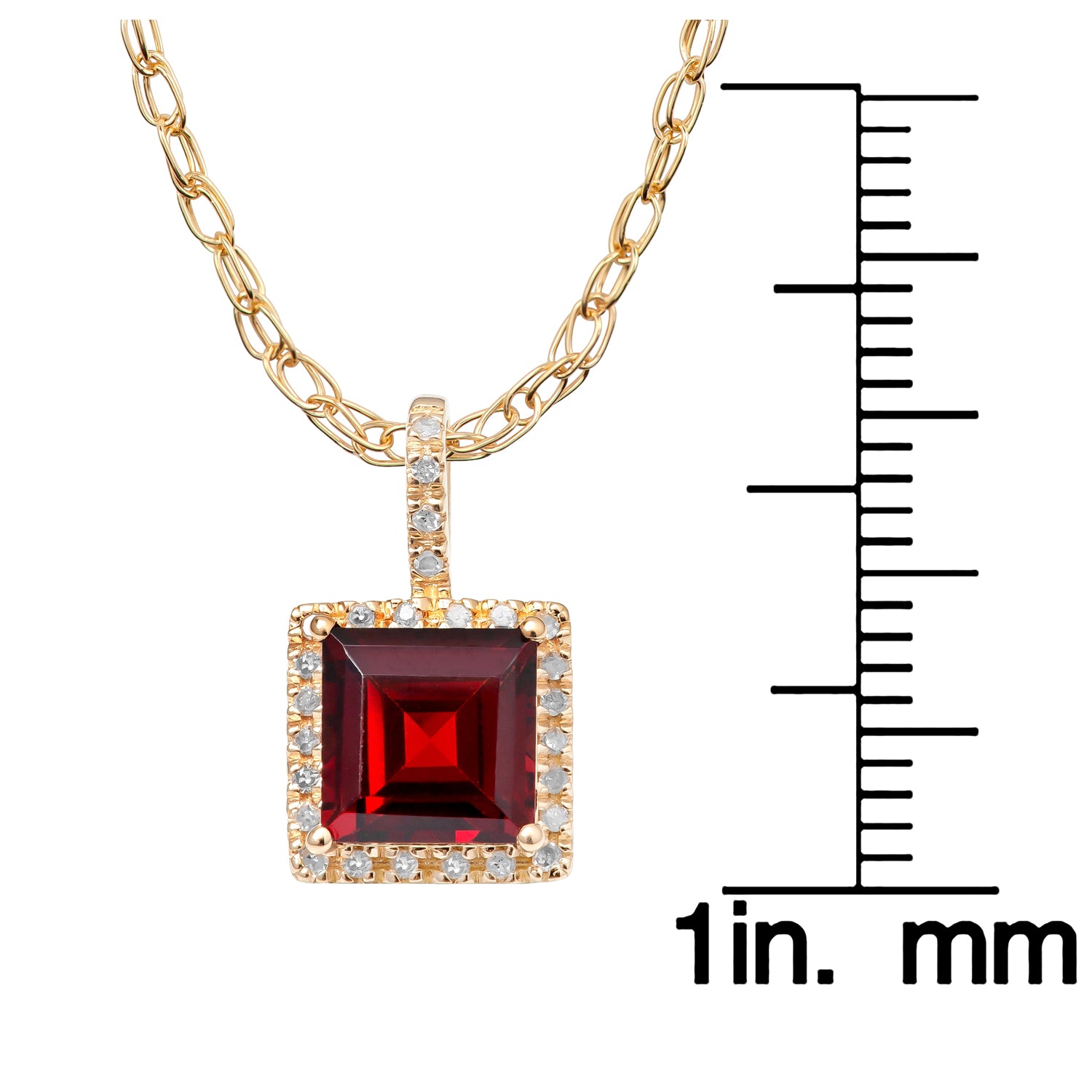 10k Yellow Gold Genuine Princess Garnet and Diamond Halo Necklace