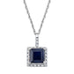 10k White Gold Princess Sapphire and Diamond Halo Pendant Necklace