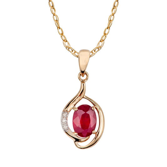 10k Yellow Gold Genuine Oval Ruby and Diamond Pendant Necklace