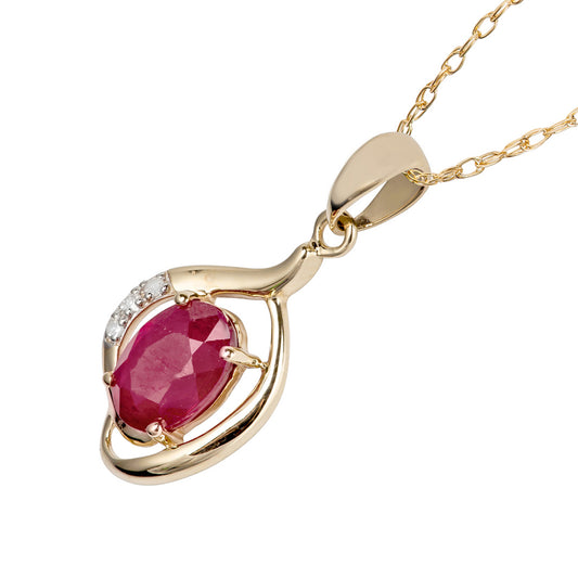 10k Yellow Gold Genuine Oval Ruby and Diamond Pendant Necklace