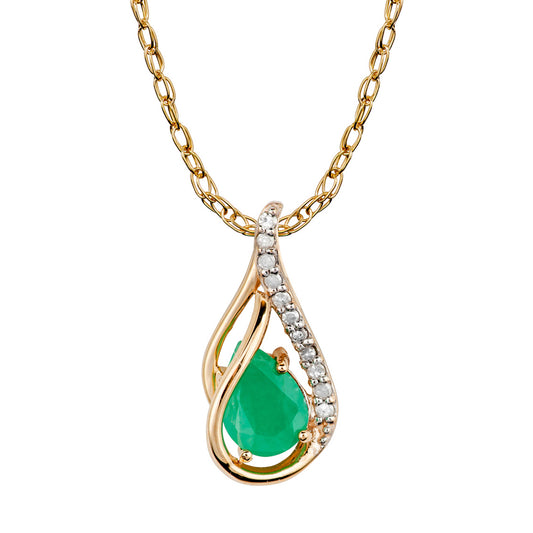 10k Yellow Gold Genuine Pear shape Emerald and Diamond Halo Drop Pendant Necklace