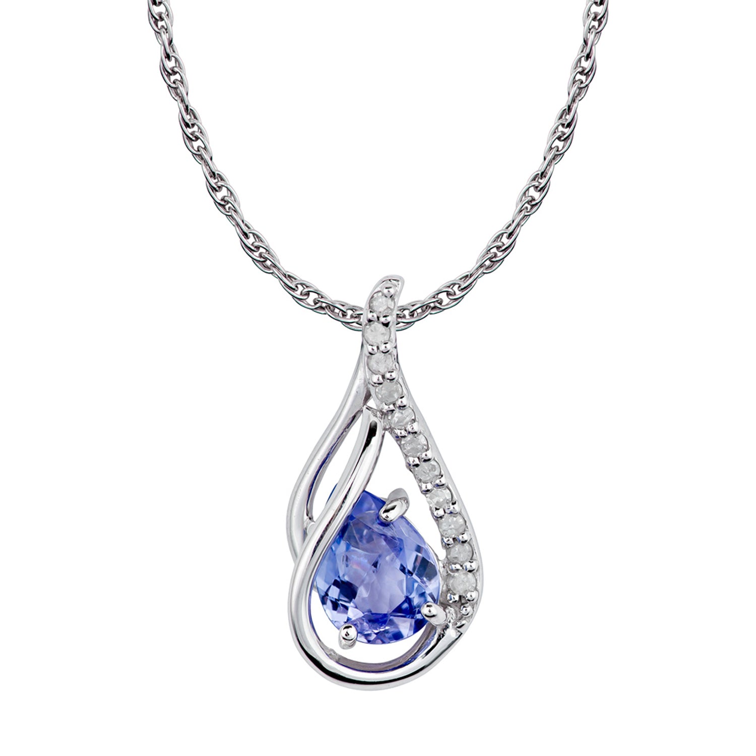 10k White Gold Genuine Pear shape Tanzanite and Diamond Halo Drop Pendant Necklace