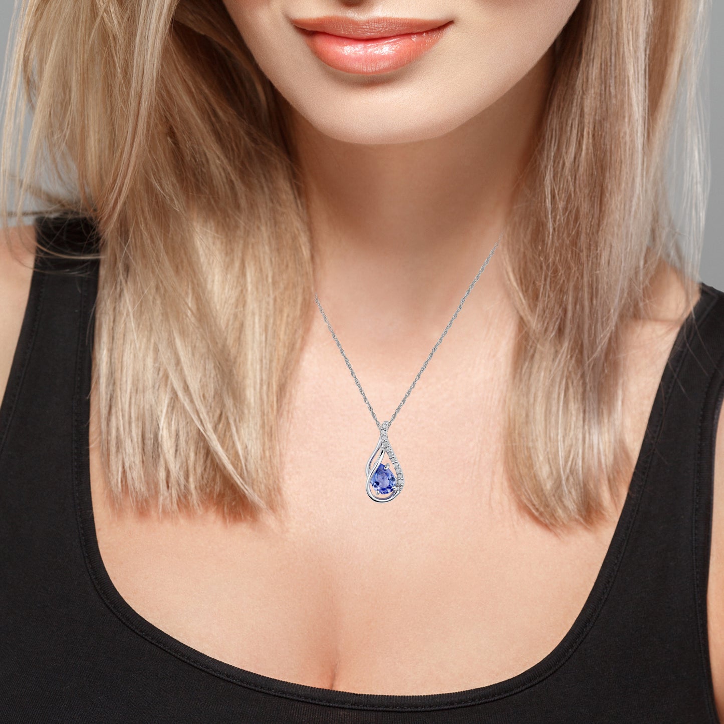 10k White Gold Genuine Pear shape Tanzanite and Diamond Halo Drop Pendant Necklace