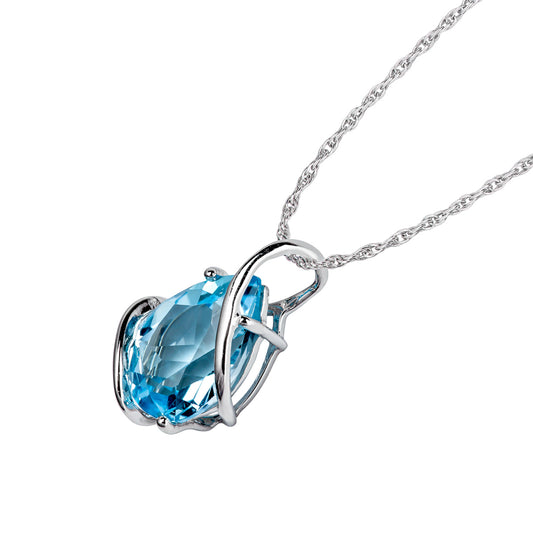 10k White Gold Genuine Pear shape Blue Topaz Teardrop Pendant Necklace