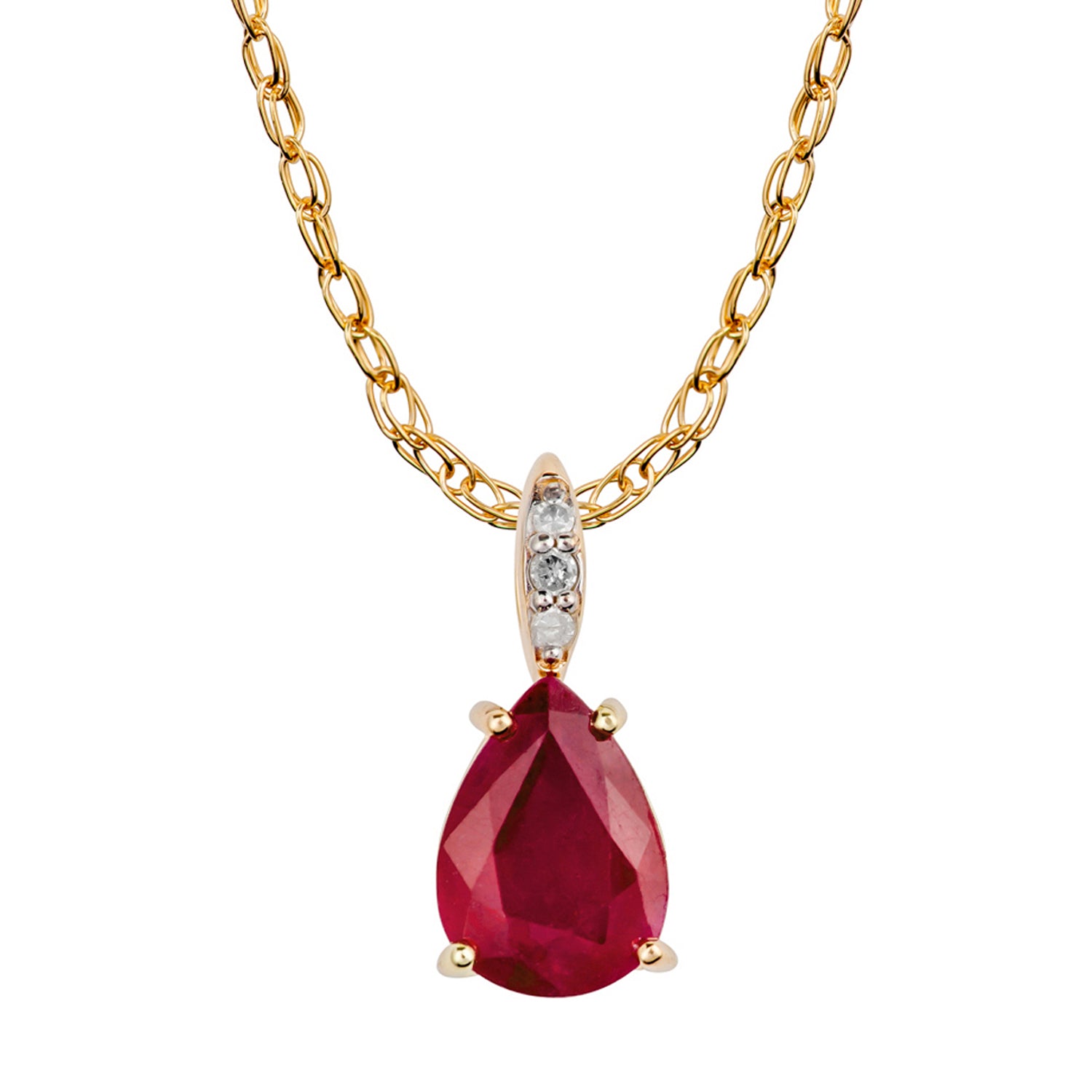 10k Yellow Gold Genuine Pear Shape Ruby and Diamond Teardrop Pendant Necklace